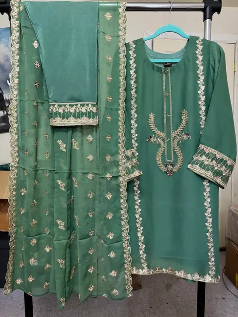 Green Chiffon Embroidered Pakistani Party Wear Dress, photo 3