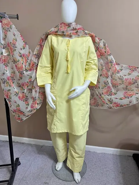 Yellow Thick Cotton Stitched Dress with Organza Dupatta